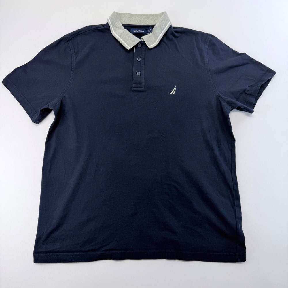 Nautica Mens XL Navy Blue Short Sleeve Cotton Polo Shirt Grey Tipped Collar
